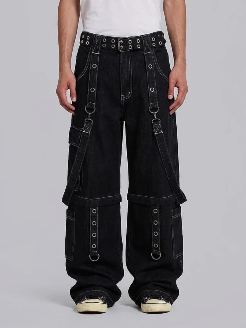 Y2K Black Cargo Baggy Wide Leg Jeans Straps D Ring Detail L